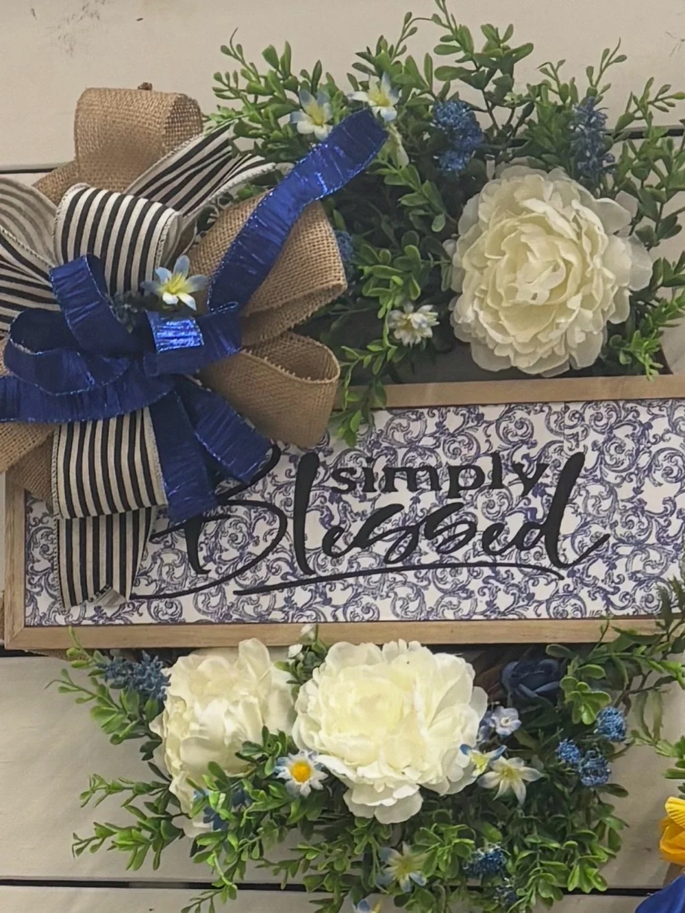 Hand Crafted Simply Blessed Wreath Blue/Cream Faux Florals Final Sa